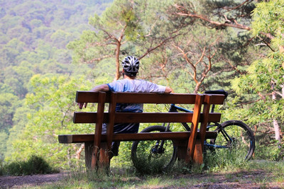 Ein Fahrradfahrer im Wald auf einer Bank